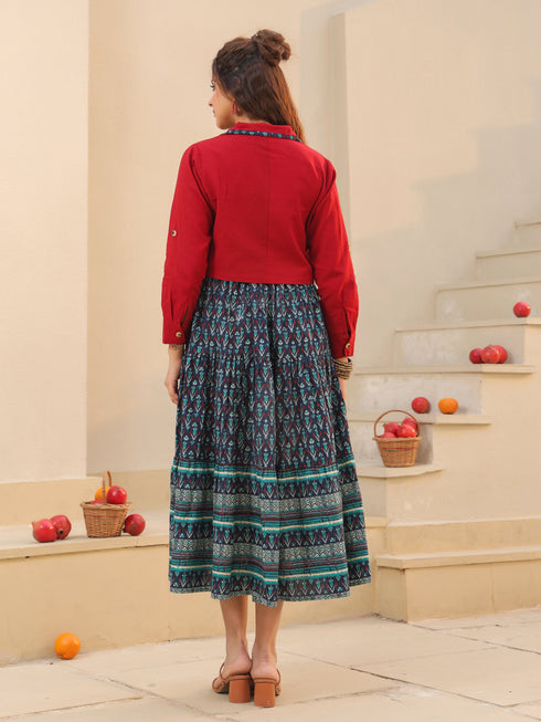 Women Ethnic Motifs Printed Fit & Flare Dress With Jacket